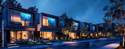 Nighttime street view of industrial style townhouse development . Featuring black facade panels, large glass windows, blue and white LED lighting,Modern architecture with smart home technology. photo