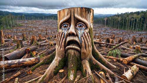 Crying tree stump with sad face and tears, surrounded by deforested landscape, symbolizing deforestation. Conceptual environmental destruction and nature mourning scene. photo