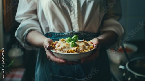Person holding dish of freshly baked lasagna garnished with basil