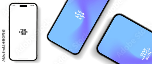 Realistic smartphone mockup. Mobile phone vector with isolated on white background. Device front view. 3D mobile phone with shadow. Realistic, high quality smart phone mockup for ui ux presentation.