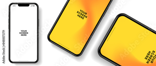 Realistic smartphone mockup. Mobile phone vector with isolated on white background. Device front view. 3D mobile phone with shadow. Realistic, high quality smart phone mockup for ui ux presentation.