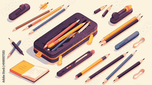 Pencil case with pencils clipart isolated vector il
