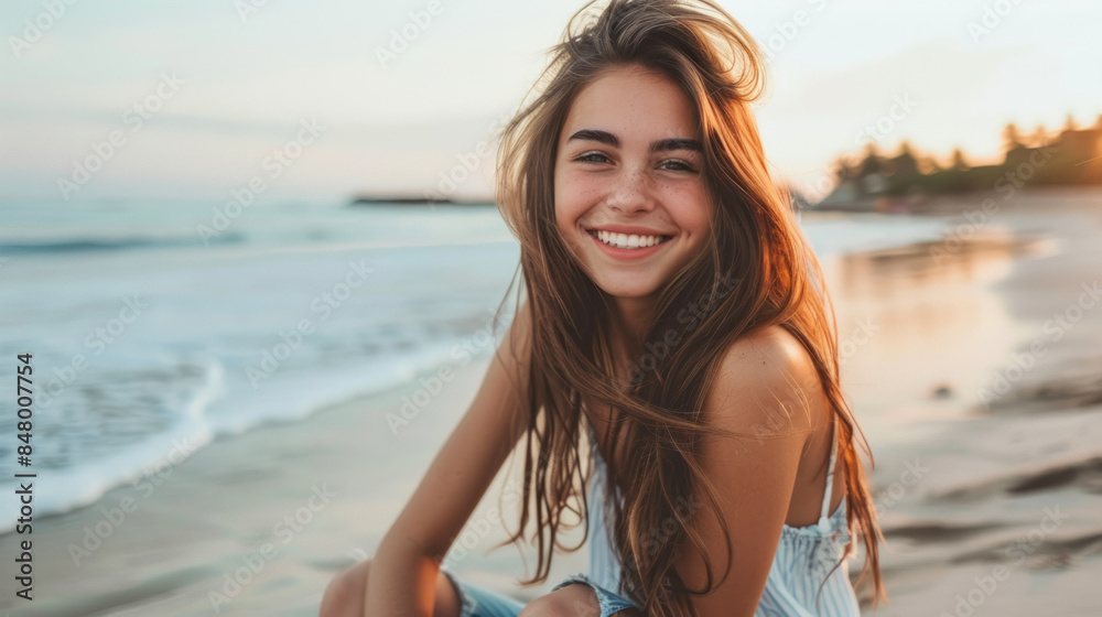 Portrait of a happy young woman sitting on the beach at sunset Portrait of a happy young woman sitting on the beach at sunset