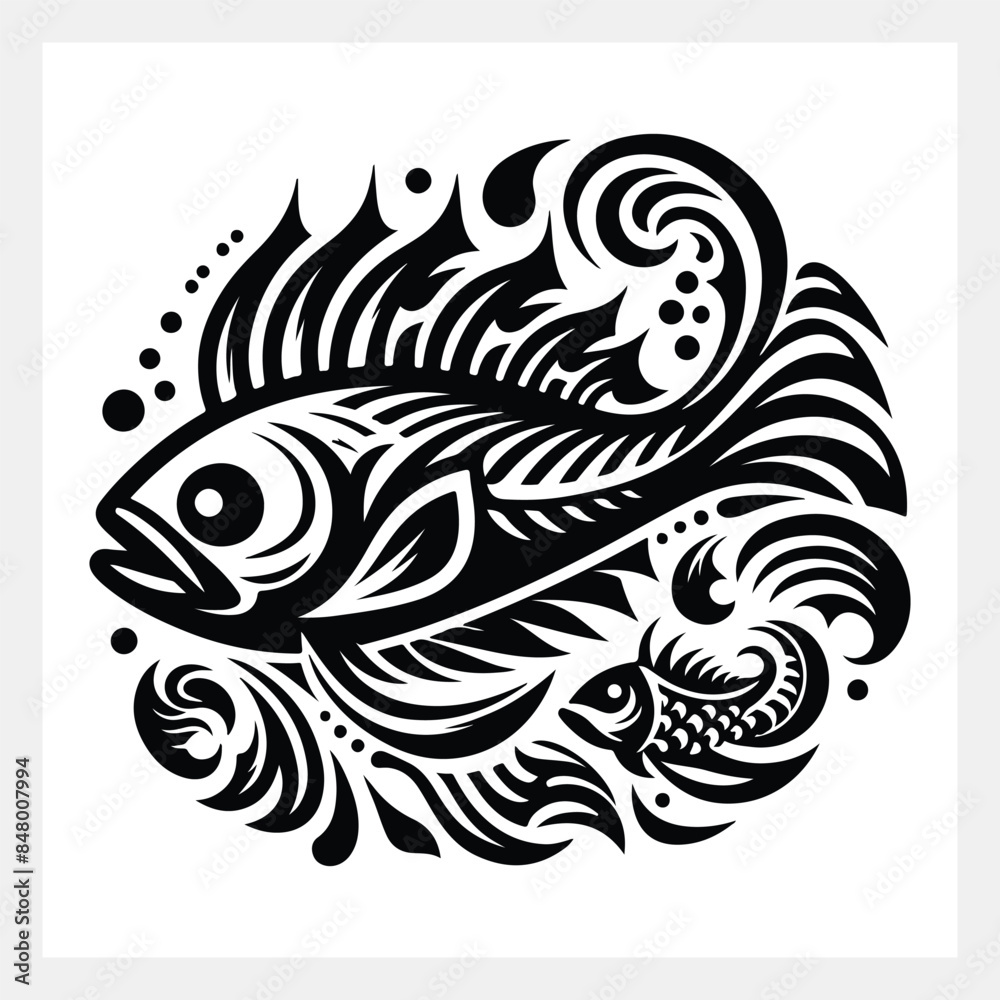 A black and white drawing of a fish A black and white drawing of a fish