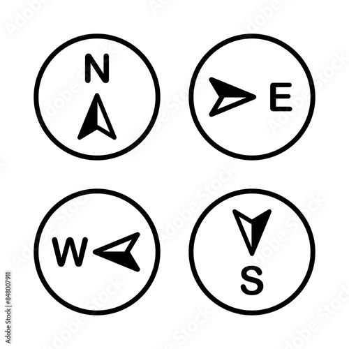 Compass direction icon set. Navigation map symbol. North, south, east and west rounded signs with arrow pointer. Wing rose pictogram. Travel navigation vector illustration.
