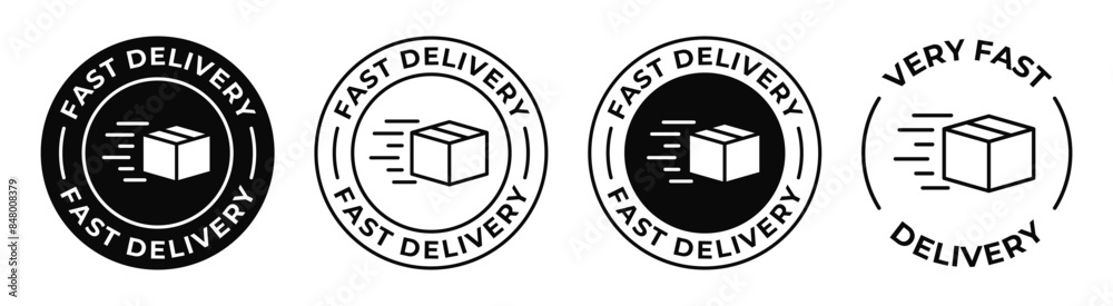 Fast shipping vector stamp for business advertisement. Express delivery circle label in four different designs. Free shipping icon.