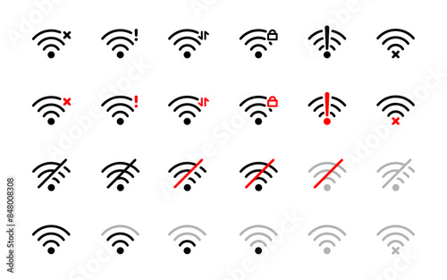 Wi-Fi connection status icon set. Lost signal symbol. Wi-fi error vector illustration. Network indicator icon collection. Wireless router connection status set.