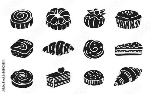 Sweet French Bakery Dessert Set Cakes Doodle Icons