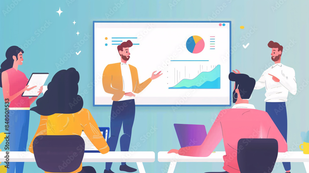 Entrepreneur giving a presentation to colleagues with a projector screen in the background Entrepreneur giving a presentation to colleagues with a projector screen in the background