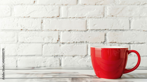 Red coffee mug on table against white brick wall background