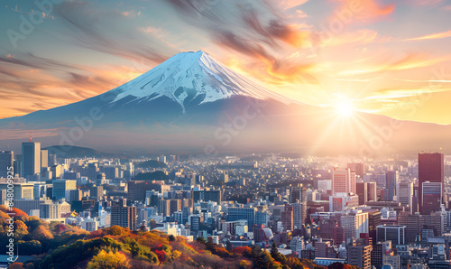 Fujiyoshida, Japan Beautiful view of mountain Fuji and Chureito pagoda at sunset