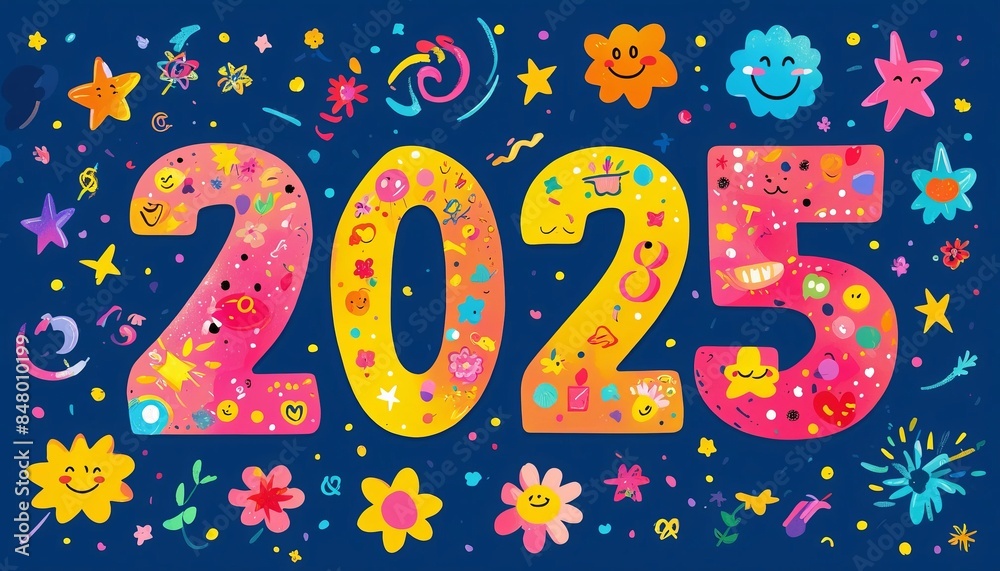 A colorful illustration of the number 2025 surrounded by various drawings of stars, flowers and emojis on a dark blue background, a symbol of the New Year.