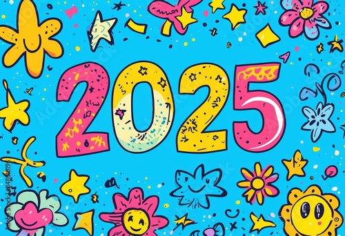 A colorful illustration of the number 2025 surrounded by various drawings of stars, flowers and emojis on a blue background, a symbol of the New Year.