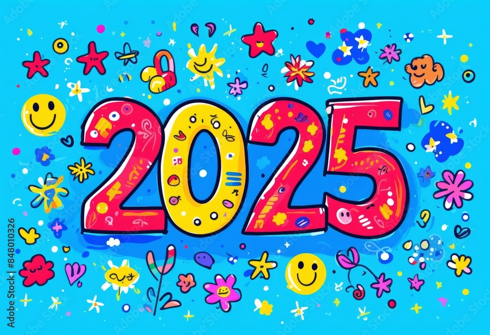 A colorful illustration of the number 2025 surrounded by various drawings of stars, flowers and emojis on a blue background, a symbol of the New Year. A colorful illustration of the number 2025 surrounded by various drawings of stars, flowers and emojis on a blue background, a symbol of the New Year.