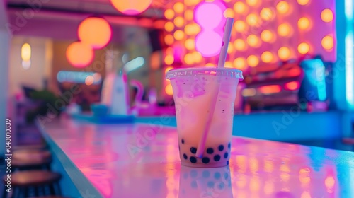 Vibrant Bubble Tea Experience in Neon-Lit Cafe Ambiance