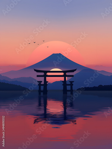 Fujiyoshida, Japan Beautiful view of mountain Fuji and Chureito pagoda at sunset © anan