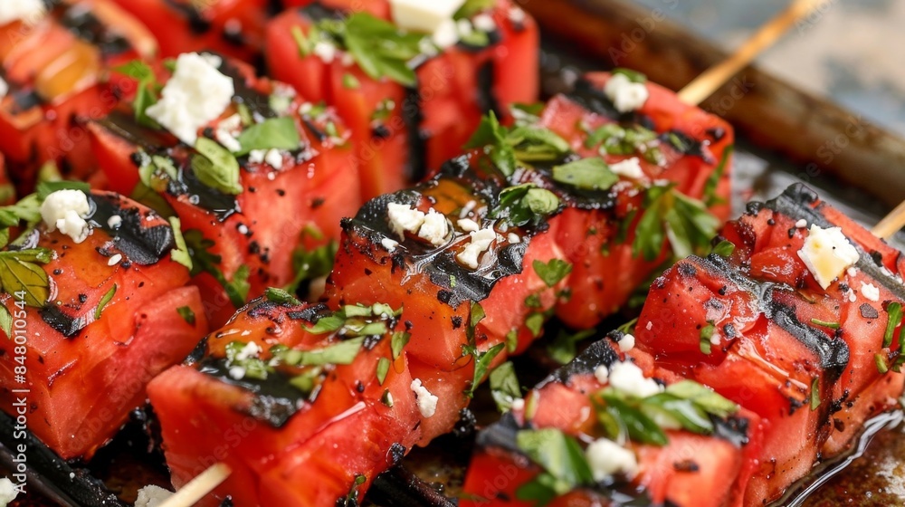 Grilled Watermelon-Feta Skewers Grilled watermelon skewers with herbs and cheese on a barbecue grill Grilled Watermelon-Feta Skewers Grilled watermelon skewers with herbs and cheese on a barbecue grill