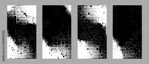 Set of abstract rectangles with halftone grunge textures with black and white dots. Vintage distressed patterns are perfect for posters, banners and digital art projects. Isolated vector illustration