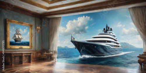 Luxurious super yacht. Oil painting styled illustration