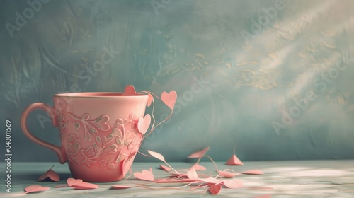 An enchanting pink ceramic cup adorned with delicate paper hearts and leaves casts graceful shadows against a subtle gray backdrop set off by a soft faded blue background photo