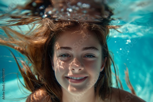 Close-up of a smiling young girl underwater, surrounded by bubbles, underwater photography concept © zakiroff