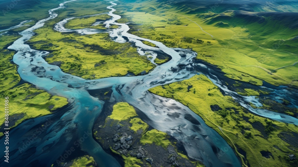 Fototapeta premium Aerial View of Serpentine Rivers Through Colorful Highlands