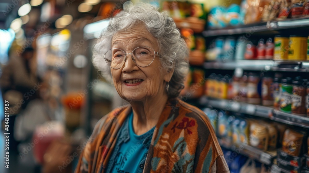 Senior Woman Smiling in a Busy Shopping Mall. International Day Of Older Persons