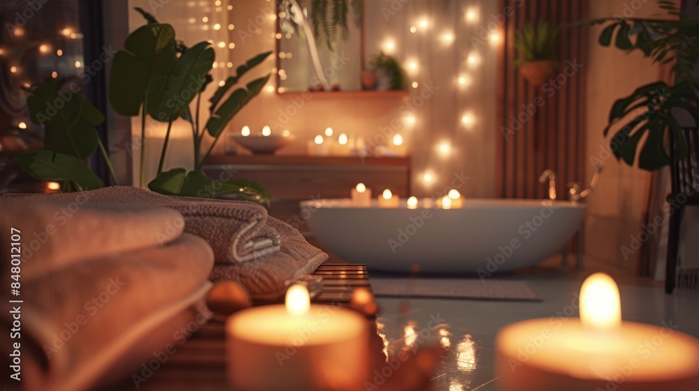 Cozy Spa Ambiance with Candles and Towels Cozy Spa Ambiance with Candles and Towels
