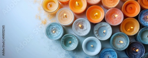 An assortment of burning Israeli candles, arranged in a semi-circular pattern on a white surface