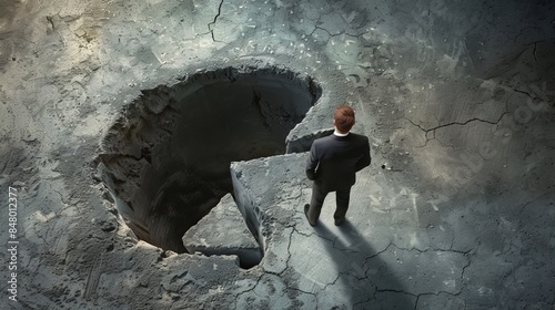 A cautious businessman peers into a deep hole shaped like a bank percentage sign, a metaphor for financial risks and pitfalls. 