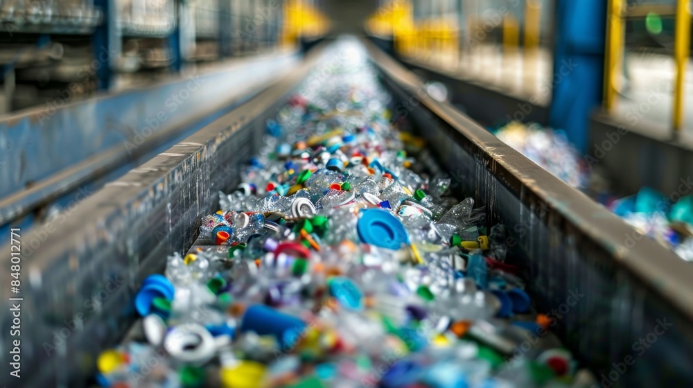 Conveyor belt with recyclable waste in a recycling plant. Industrial process photography Conveyor belt with recyclable waste in a recycling plant. Industrial process photography