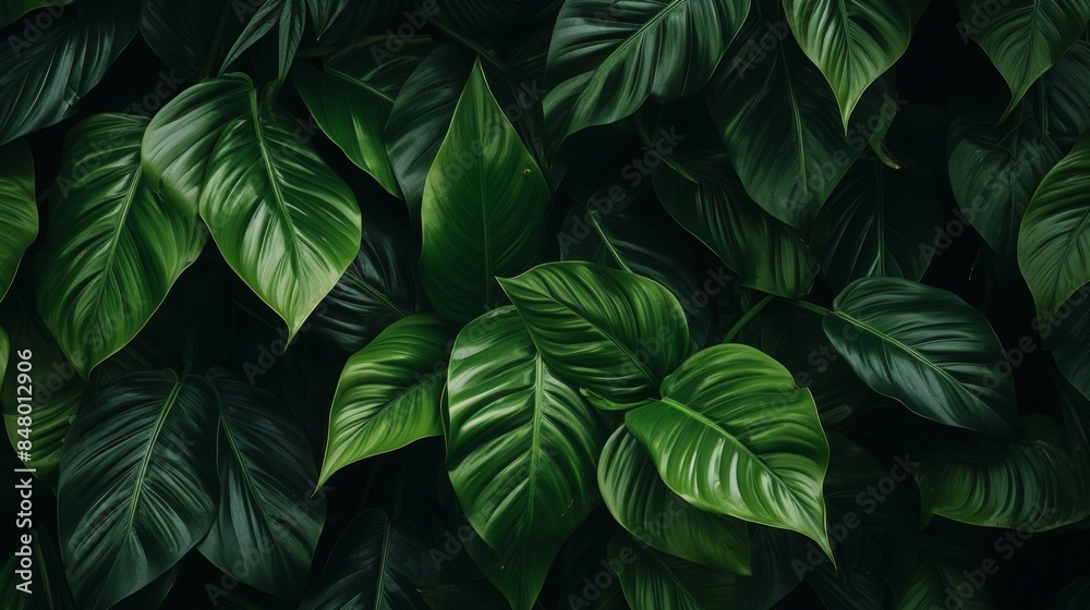 Dense cluster of dark green tropical leaves. Nature photography.