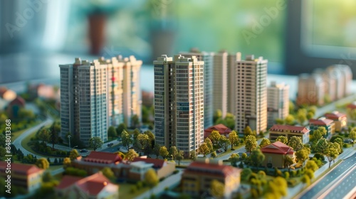 Miniature model of modern urban cityscape with high-rise buildings and greenery. © Julia Jones