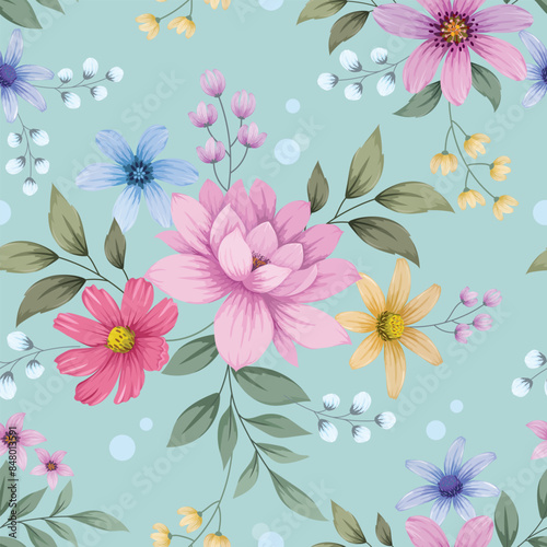 Seamless pattern of sweet pink-blue floral On a romantic colored background. Natural Spring Flower pattern design for fashion print, fabric, gift wrapping Paper © teerawat