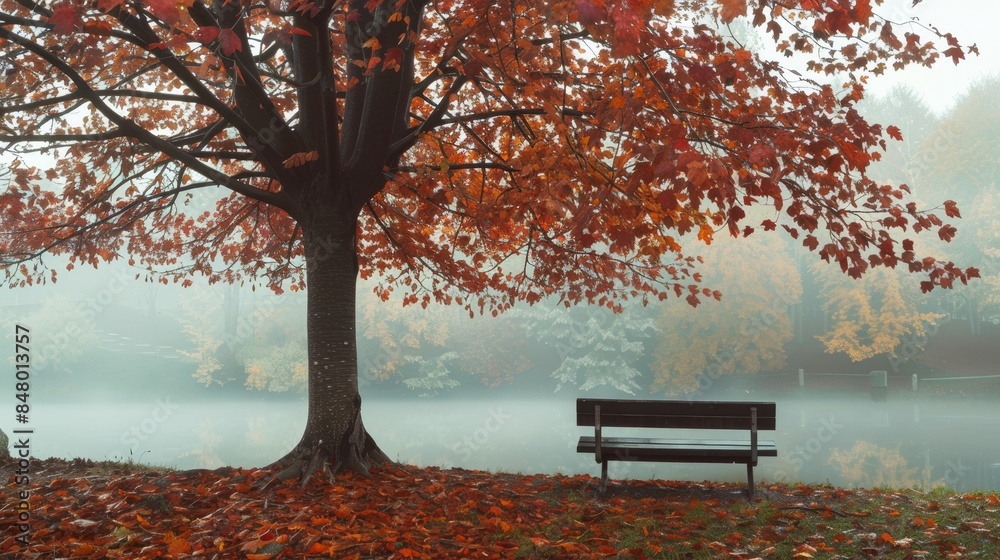 A misty morning scene featuring a lonely bench under a tree shedding its fiery leaves. A misty morning scene featuring a lonely bench under a tree shedding its fiery leaves.