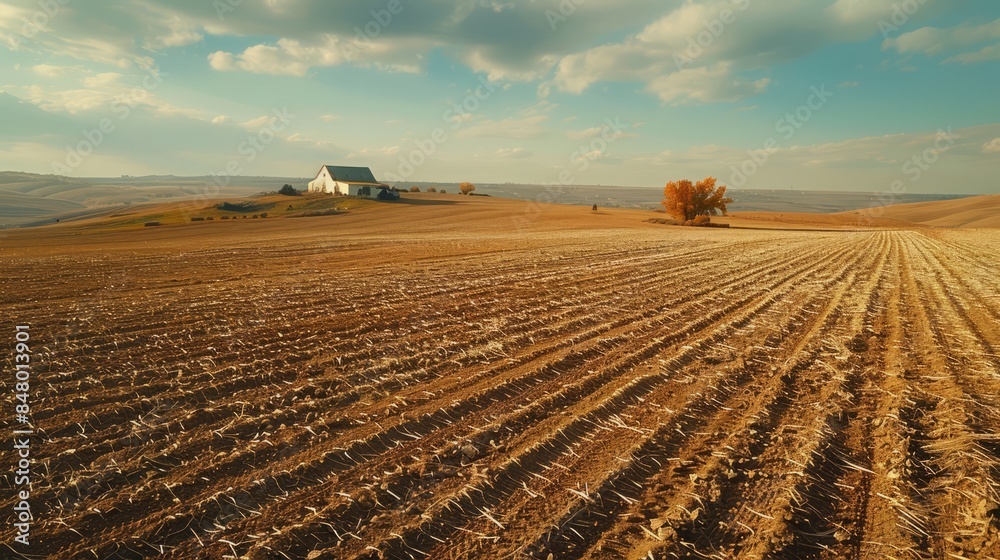 Vast agricultural field with a farmhouse in the distance Vast agricultural field with a farmhouse in the distance