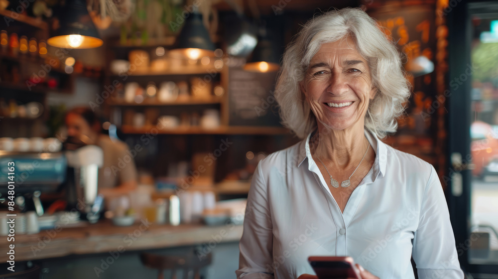 Smiling mature woman standing in cozy cafe holding mobile phone