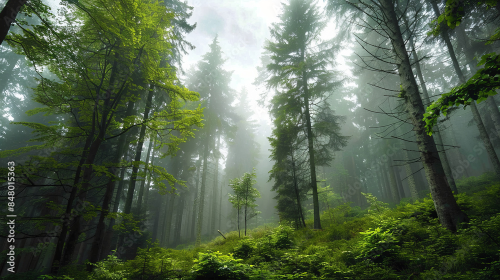 Serene forest with tall trees and lush green foliage Serene forest with tall trees and lush green foliage