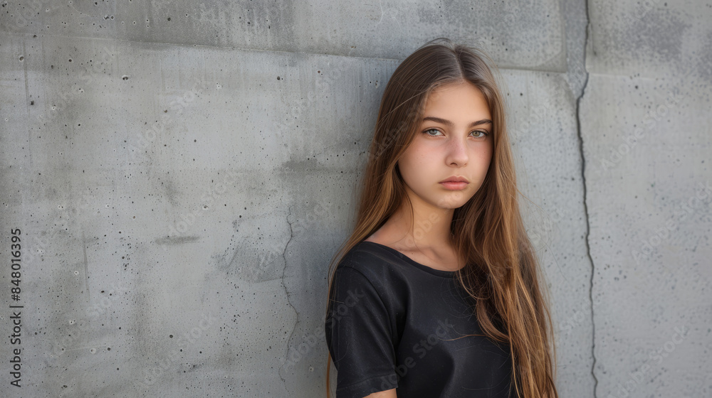 Teenage girl standing by concrete wall with copy space Teenage girl standing by concrete wall with copy space