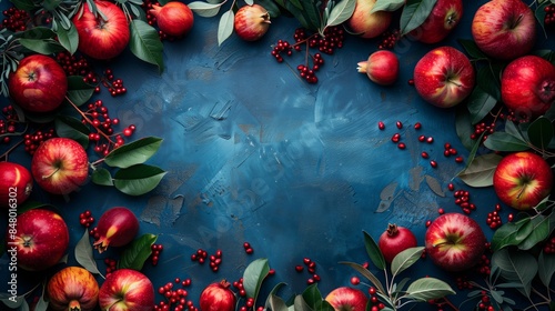 A wreath of red apples and pomegranates surrounds a blue background