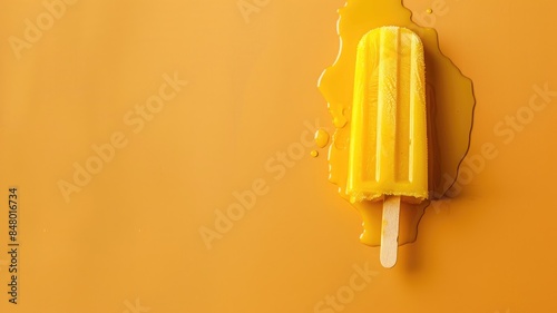 Melting yellow popsicle on bright orange background with puddle