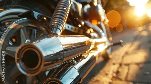 Close-up of motorcycle exhaust pipes reflecting sunlight on urban street