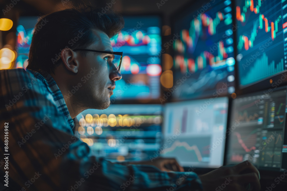 Trader analyzing stock market data on multiple monitors Trader analyzing stock market data on multiple monitors