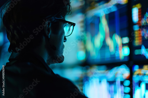 Trader analyzing stock market data on multiple screens