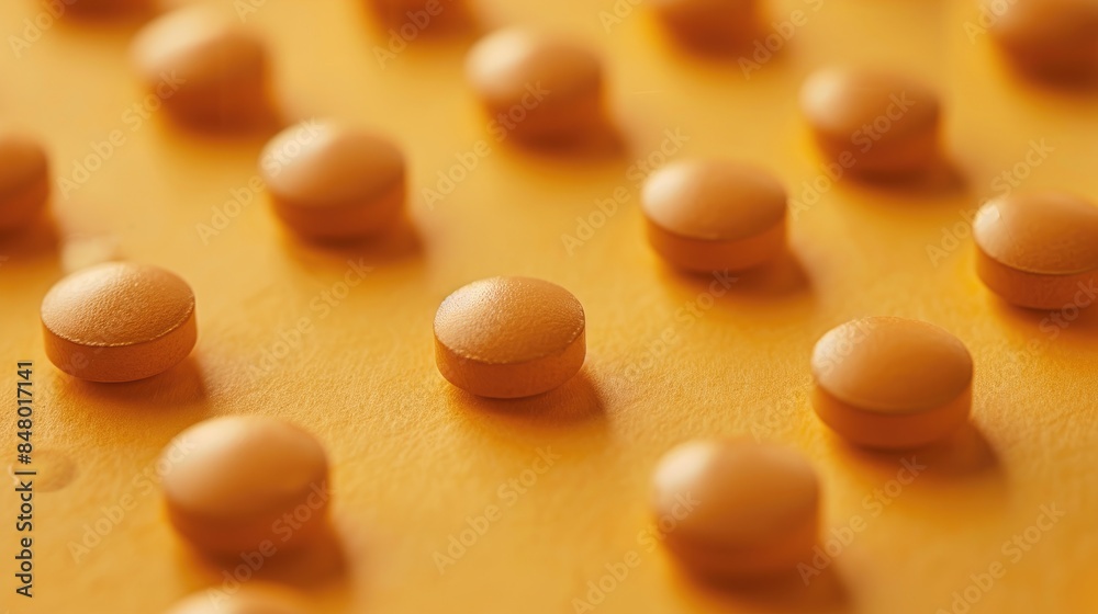 Round brown pills on a yellow background for treating a disease designed for pharmaceutical advertisement Round brown pills on a yellow background for treating a disease designed for pharmaceutical advertisement