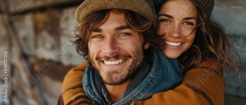 Happy Couple Embracing Outdoors in Cozy Attire, Smiling for a Warm Autumn Portrait