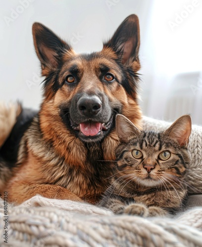German Shepherd and Tabby Cat Relaxing Together on a Cozy Knit Blanket