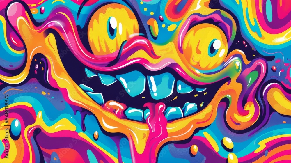 Crazy cartoon face melting psychedelic colorful illustration Crazy cartoon face melting psychedelic colorful illustration