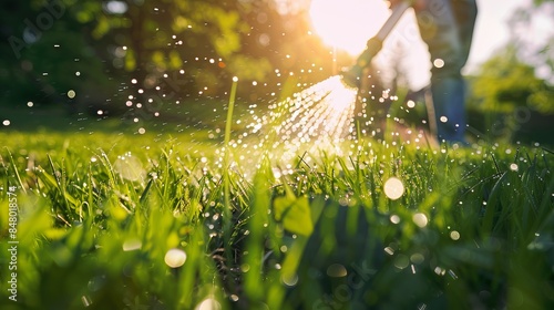 A man watering a vibrant green grass with a spray nozzle, focusing on the water droplets glistening in the sun with a blurred natural background, ideal for copy space on a sunny day.