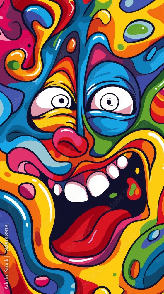 Fototapeta premium Colorful grotesque face screaming with tongue out and wide eyes